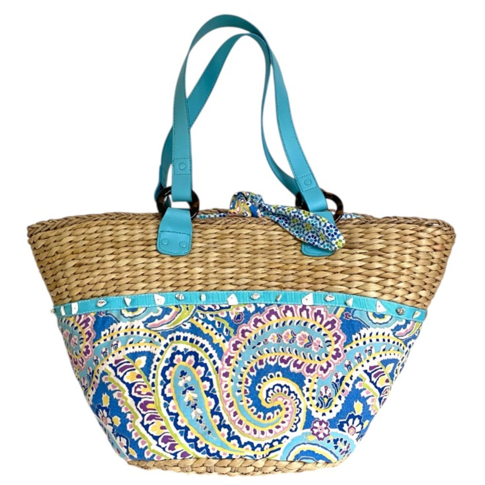 Vera Bradley Straw Woven Beach Tote Blue Capri Paisley Large Basket Retired